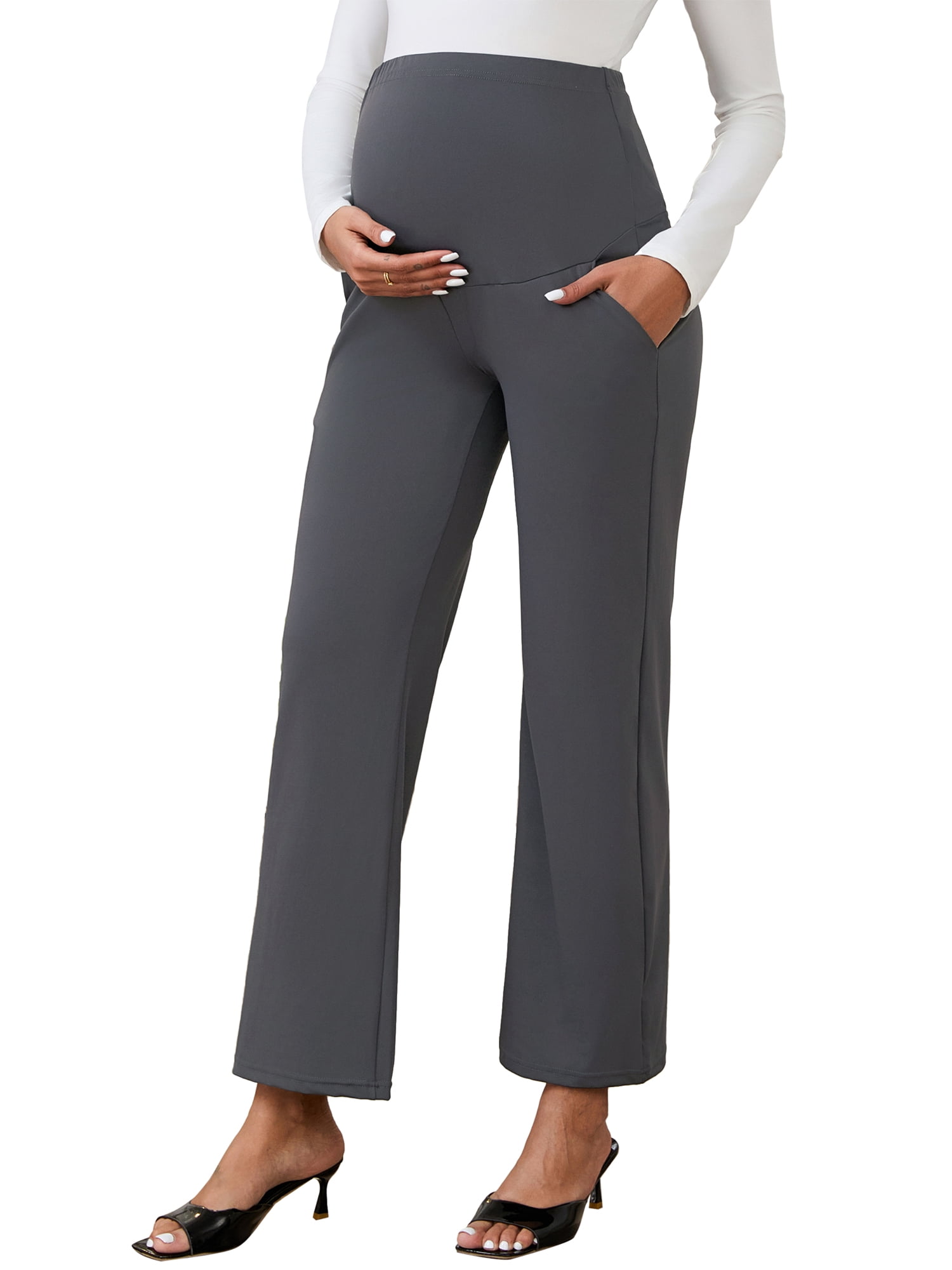 DARING DIVA Women's Wide Leg Over Belly Elastic Maternity Pants M Deep Grey