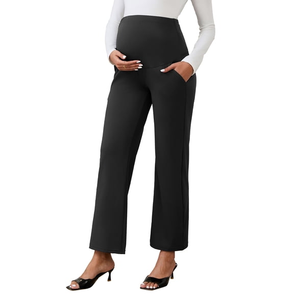DARING DIVA Women's Wide Leg Over Belly Elastic Maternity Pants S Black