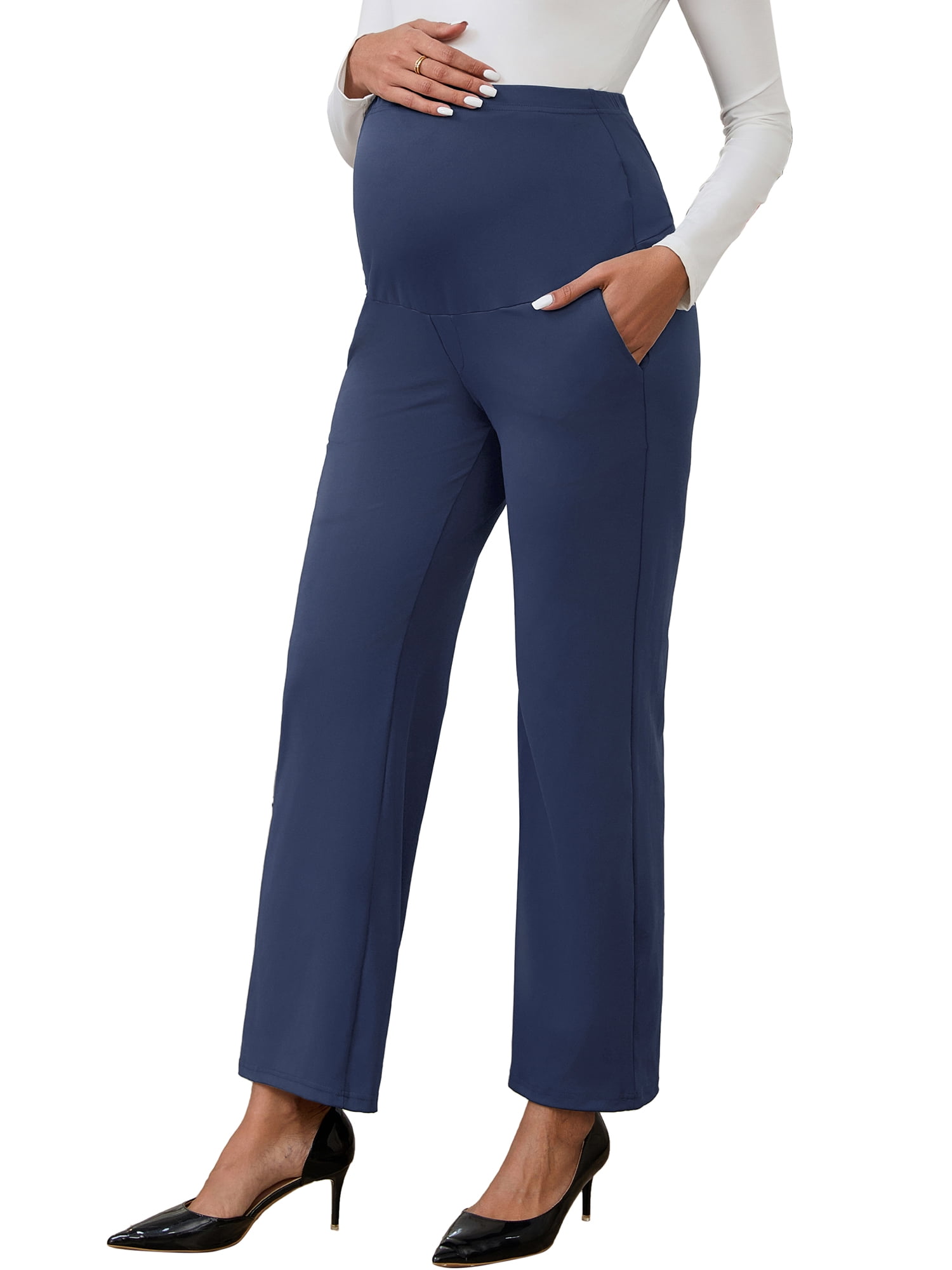 DARING DIVA Women's Wide Leg Over Belly Elastic Maternity Pants XL Navy Blue