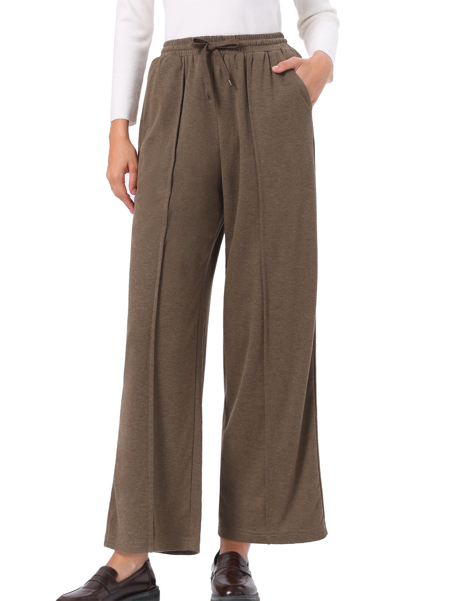 DARING DIVA Women's Wide Leg Pants Drawstring Waist Pockets Trousers L Coffee