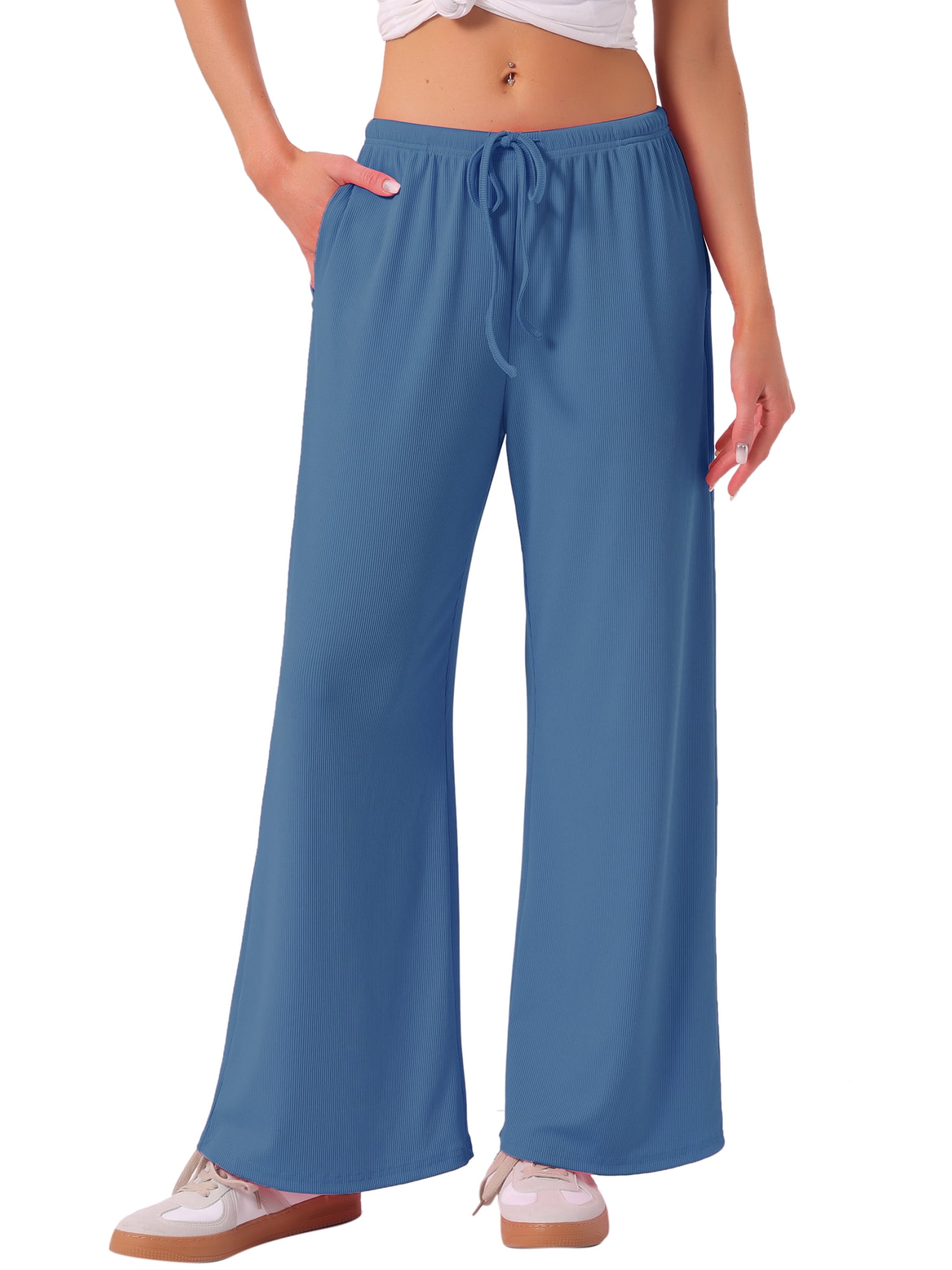 DARING DIVA Women's Wide Leg Ribbed Knit Comfy Loose Fit Pajama Bottoms L Blue
