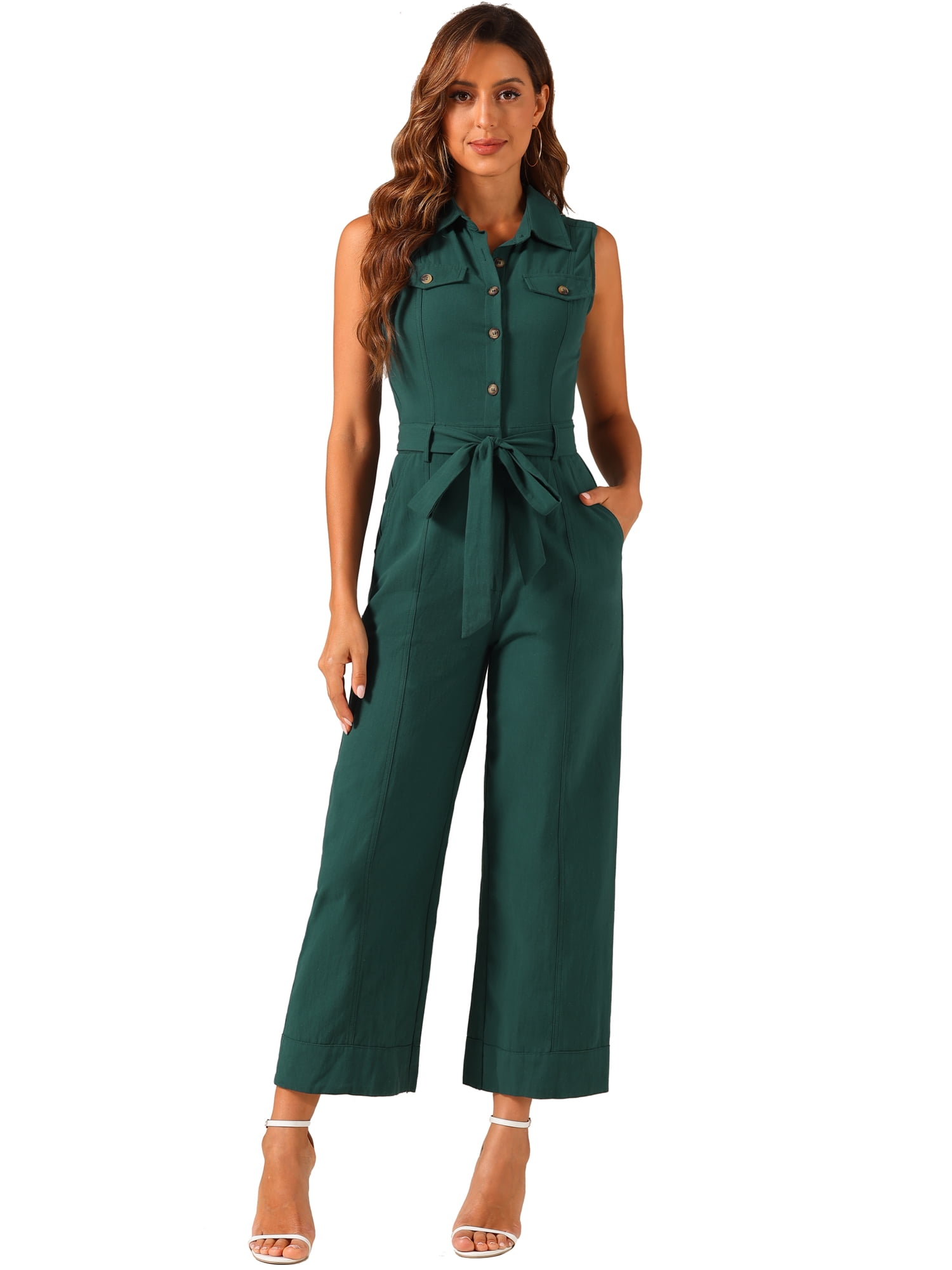DARING DIVA Women's Wide Leg Sleeveless Collared Tie Waist Jumpsuit S Peacock Blue