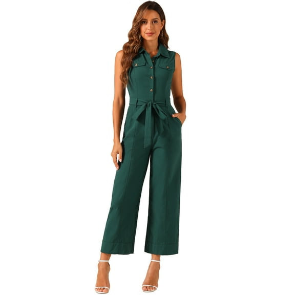 DARING DIVA Women's Wide Leg Sleeveless Collared Tie Waist Jumpsuit S Peacock Blue