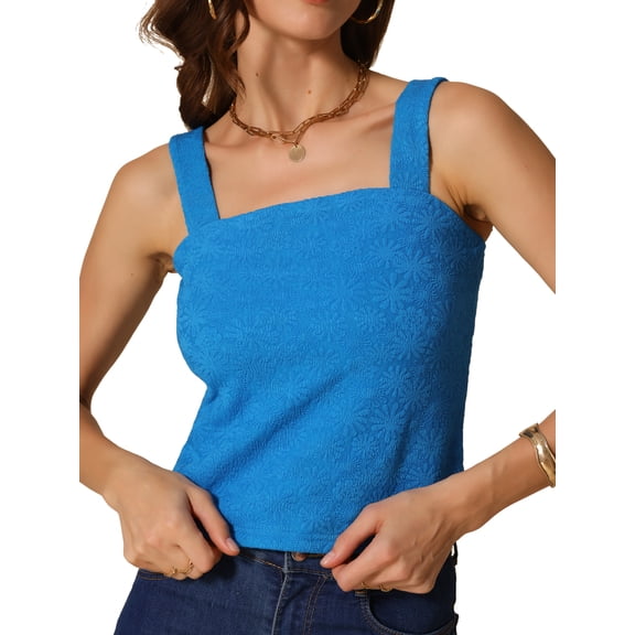 DARING DIVA Women's Wide Strap Lettuce Floral Trim Crop Cami Tops L Blue