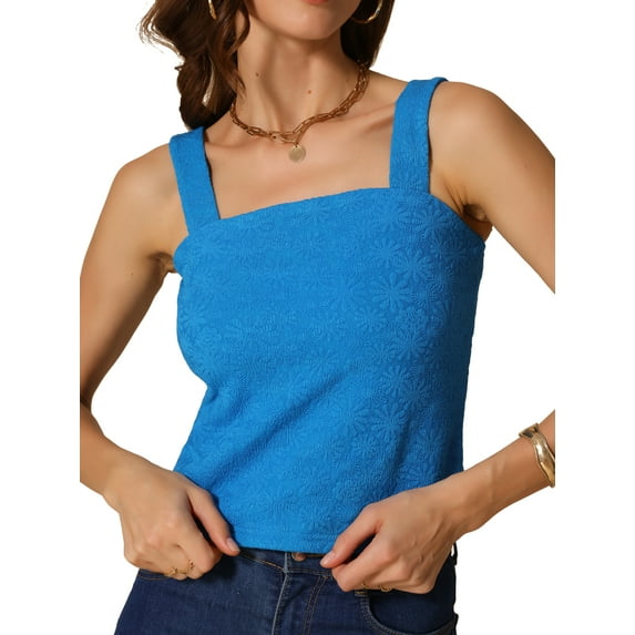 DARING DIVA Women's Wide Strap Lettuce Floral Trim Crop Cami Tops M Blue