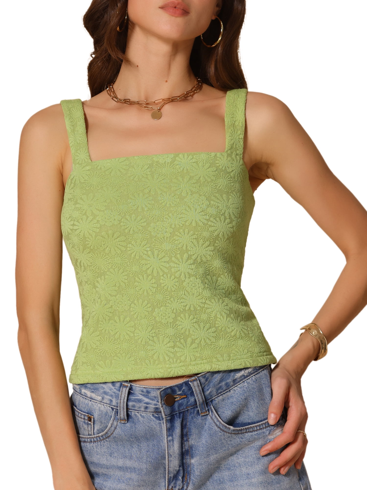 DARING DIVA Women's Wide Strap Lettuce Floral Trim Crop Cami Tops S Avocado Green