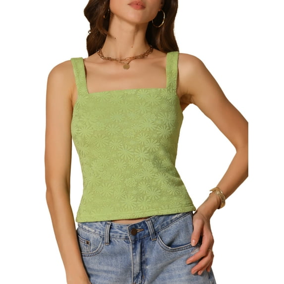 DARING DIVA Women's Wide Strap Lettuce Floral Trim Crop Cami Tops XL Avocado Green