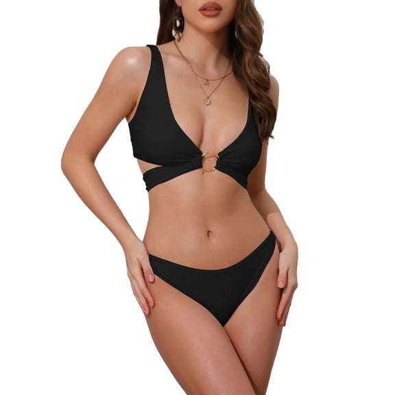 DARING DIVA Women's Wide Strap O Ring Cut Out Bikini Sets X-Small Black
