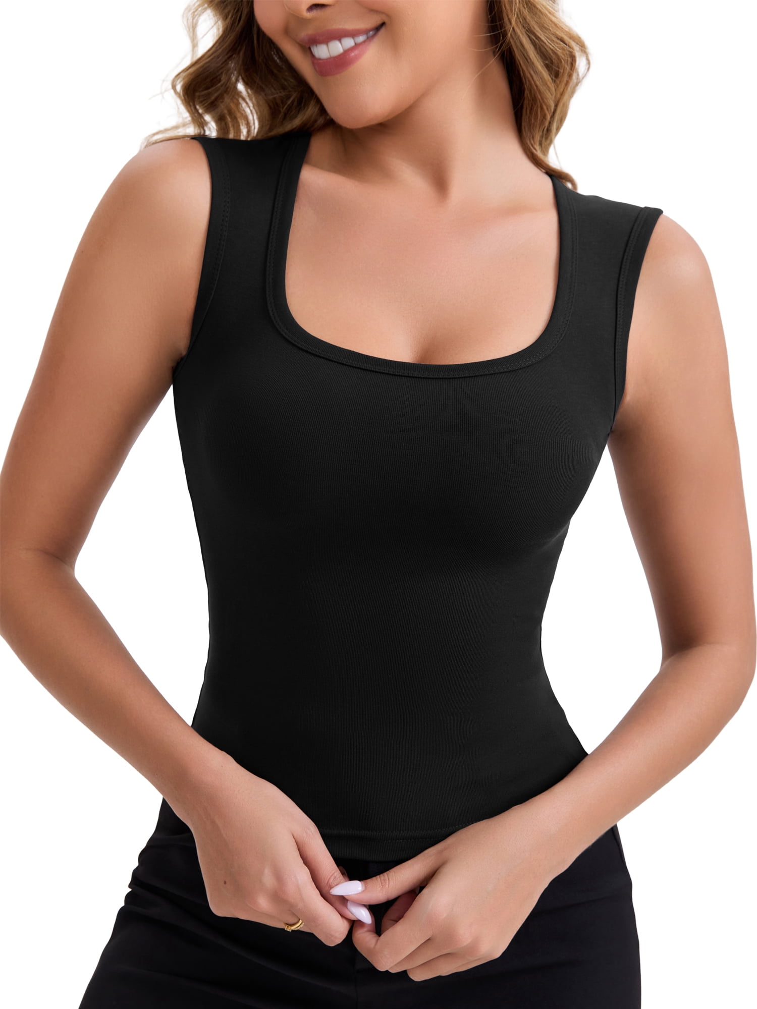 DARING DIVA Women's Wide Straps Square Neck Camisole Slimming Undershirt M Black