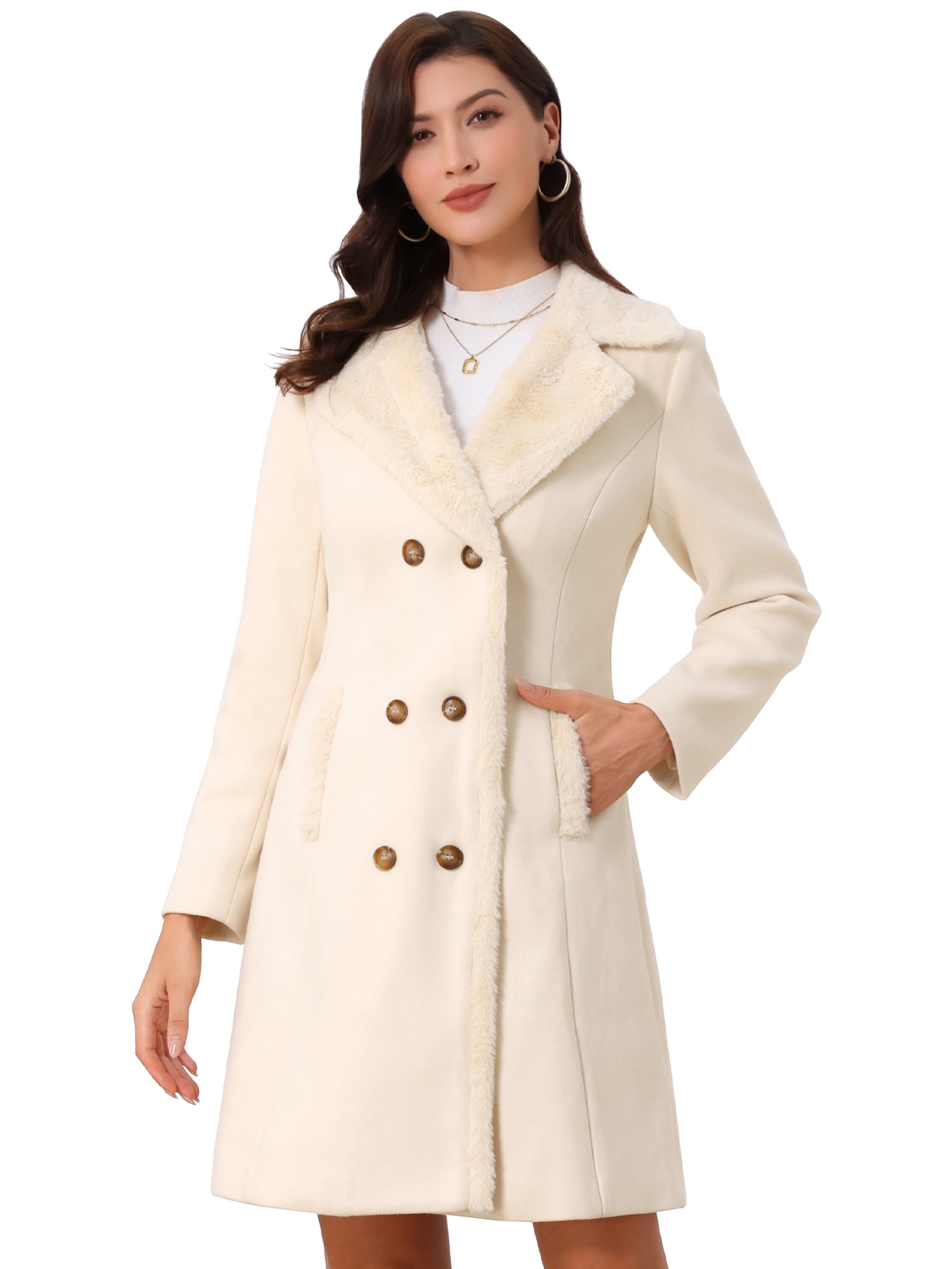 DARING DIVA Women's Winter Coat Faux Fur Collar Double Breasted Long Warm Coats XL Beige