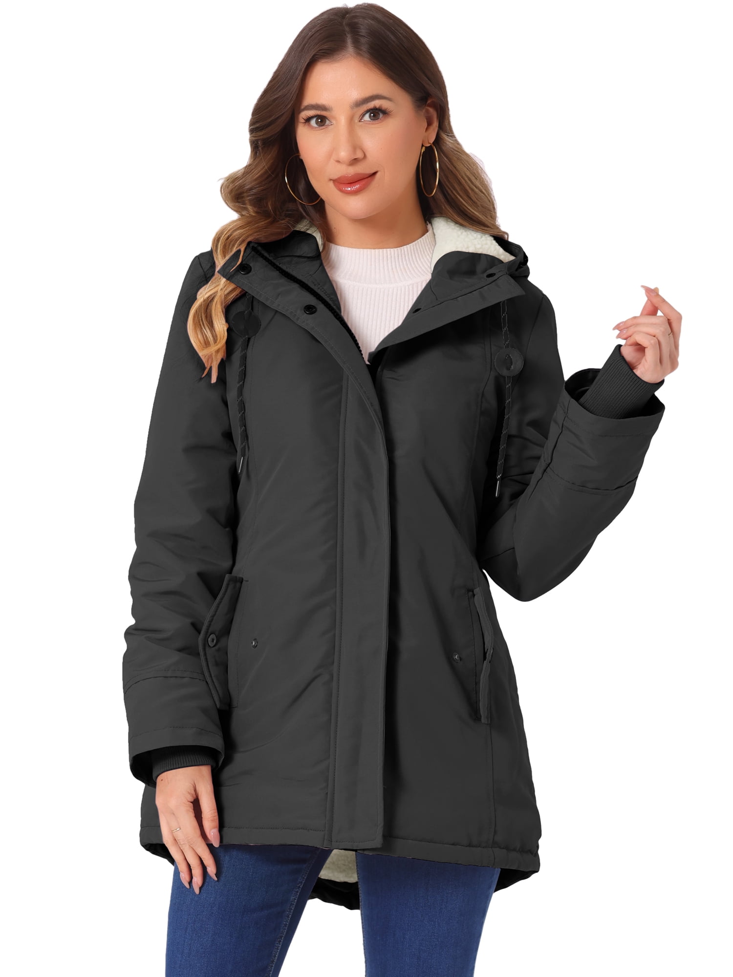 DARING DIVA Women's Winter Coat with Faux Fur Hood and Multiple Pockets M Black