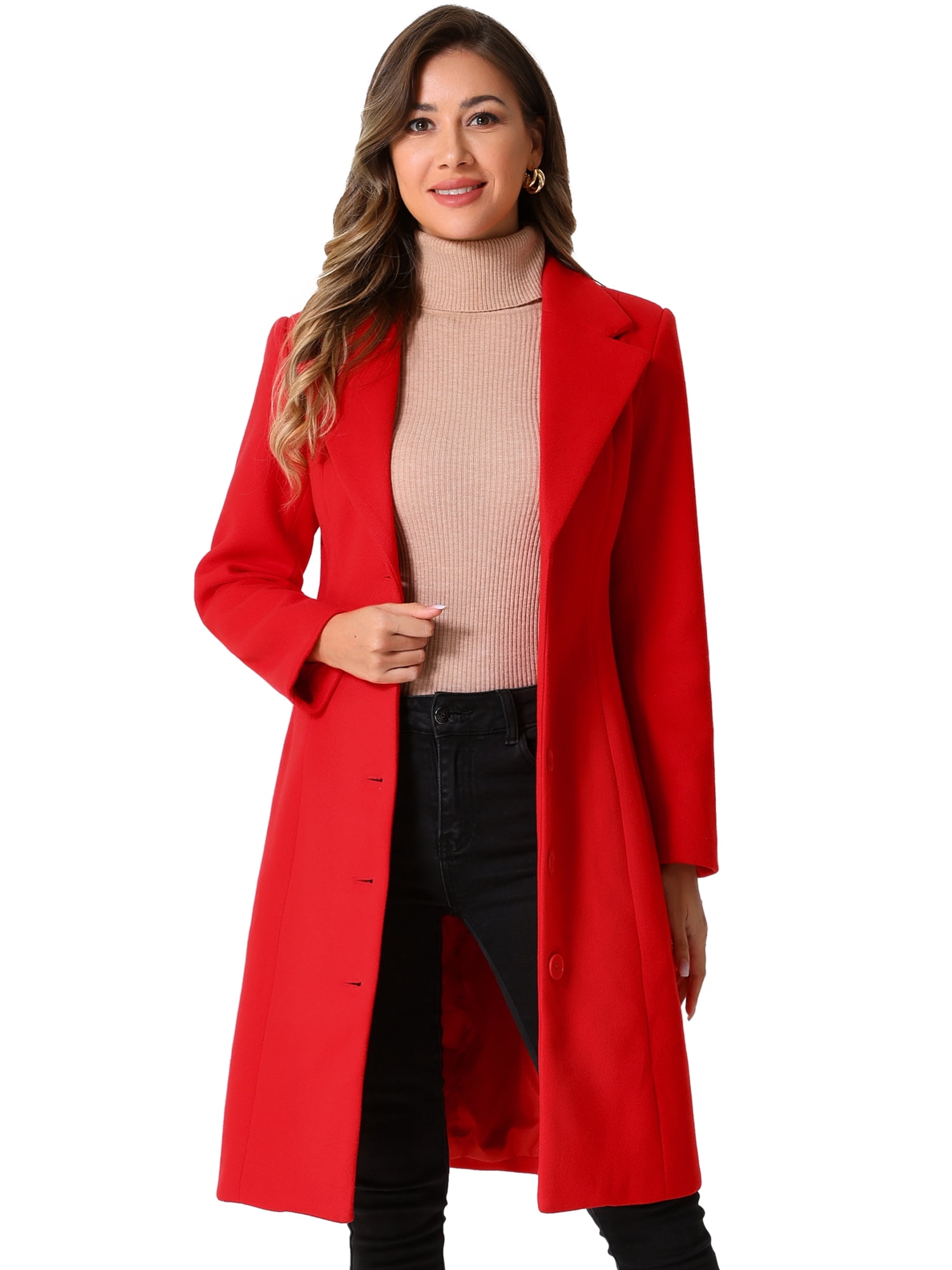 DARING DIVA Women's Winter Coats Lapel Collar Single Breasted Peacoat Red XS