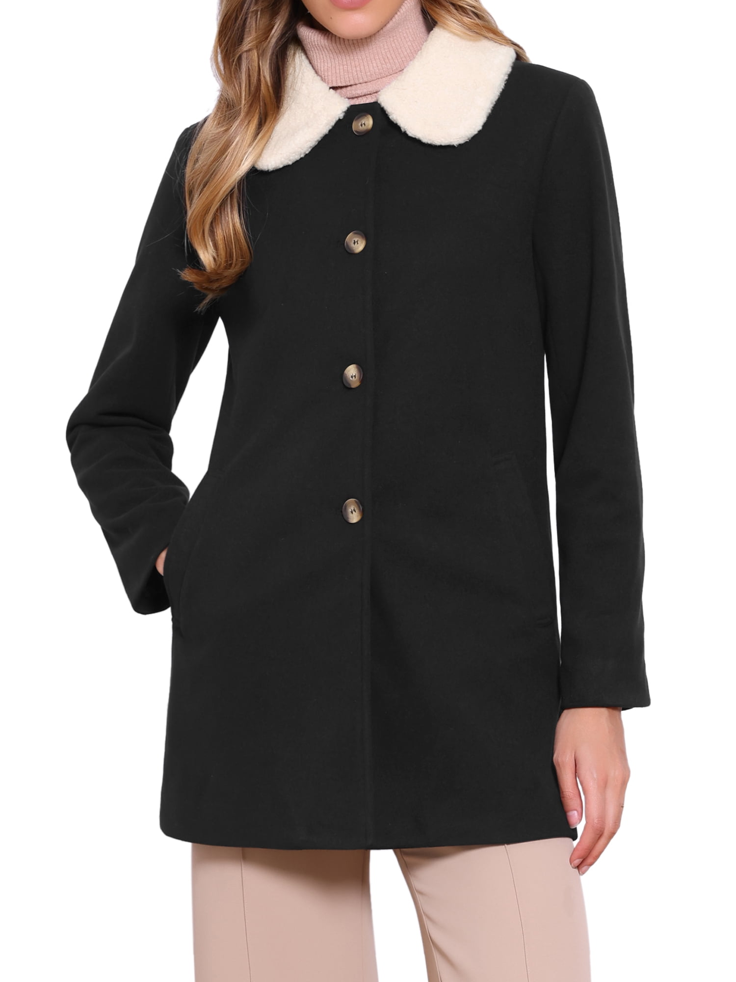DARING DIVA Women's Winter Contrast Collar Overcoat Single Breasted Pea Coat XL Black