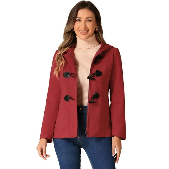 DARING DIVA Women's Winter Outwear Hooded Zip Up Button Toggle Pea Coat Red M