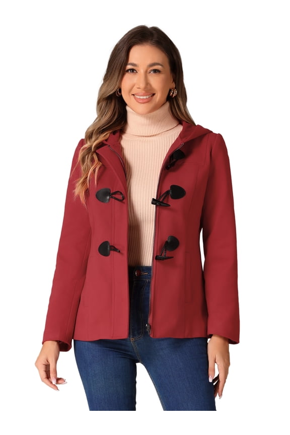 Women's Winter Outwear Hooded Zip Up Button Toggle Pea Coat Red S