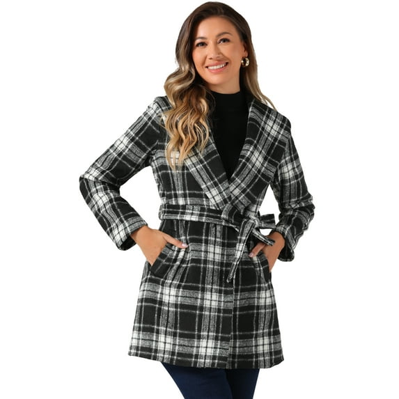 DARING DIVA Women's Winter Plaid Belted Shawl Collar Check Wrap Coat Black White M