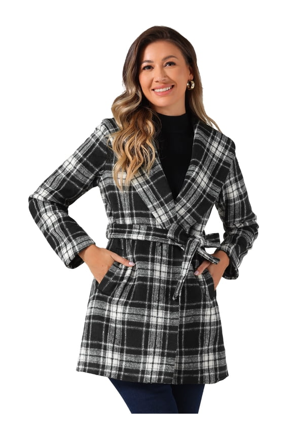 Women's Winter Plaid Belted Shawl Collar Check Wrap Coat Black White M