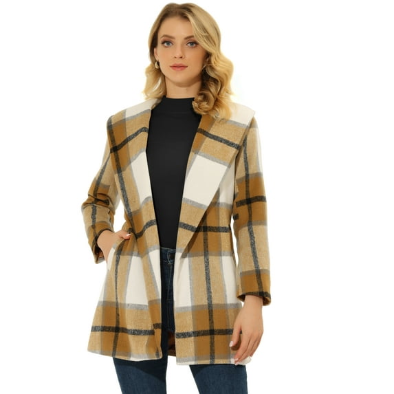 DARING DIVA Women's Winter Plaid Belted Shawl Collar Check Wrap Coat Khaki XS