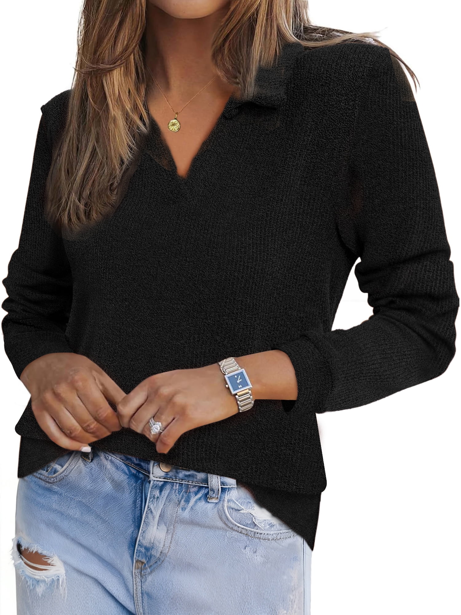 DARING DIVA Women's Winter Sweater Polo Collar Shirts Tops XL Black