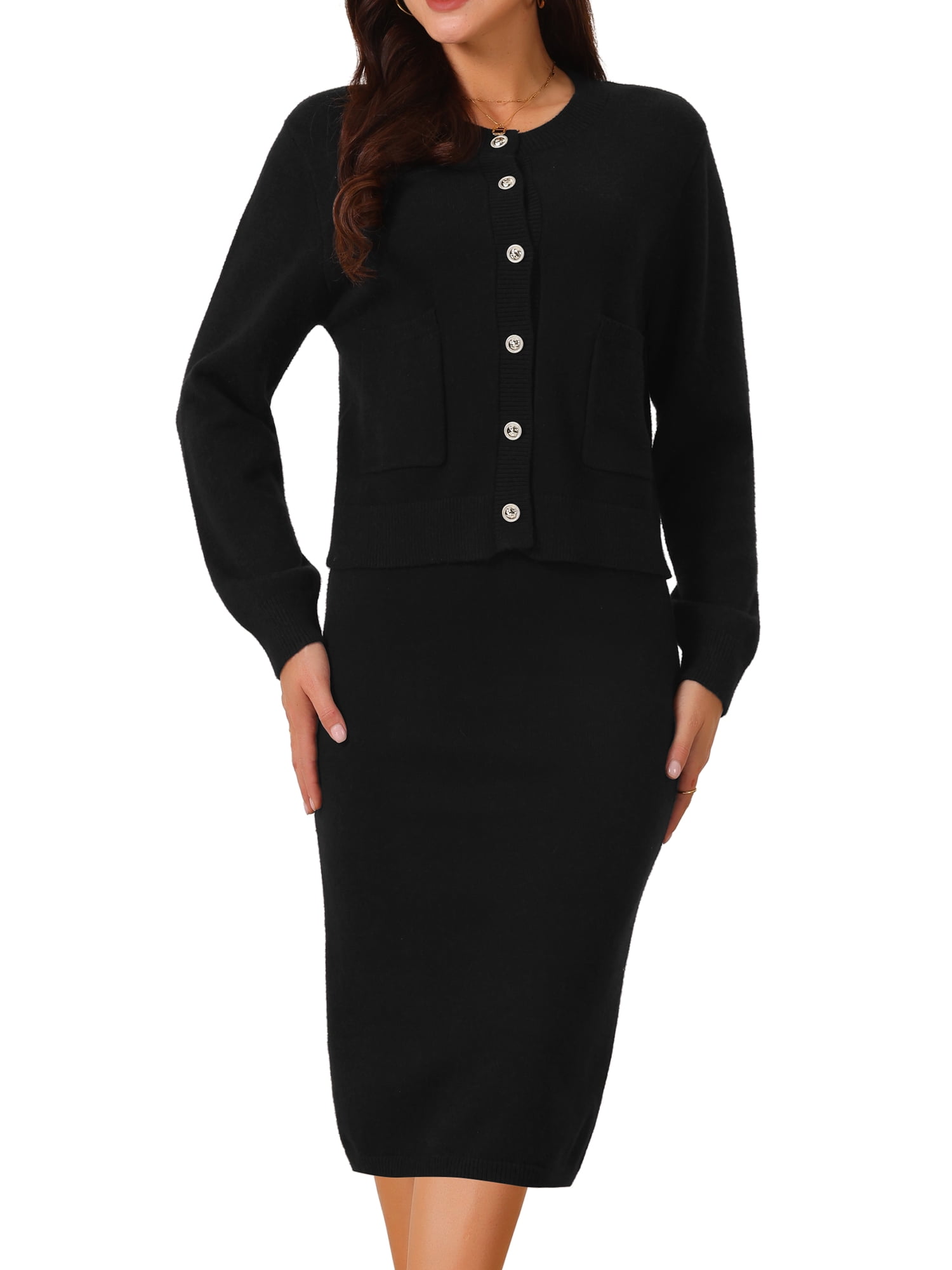 DARING DIVA Women's Winter Sweater Sets Cardigan and Midi Skirts S Black