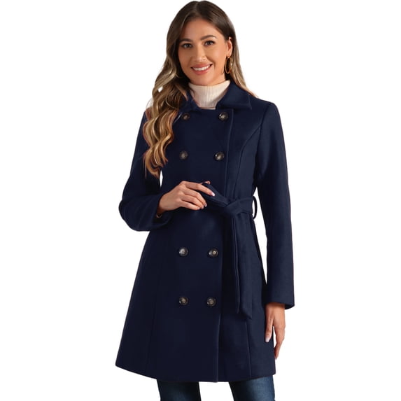DARING DIVA Women's Winter Trench Coat Overcoat Belted Mid Long Pea Coat L Dark Blue