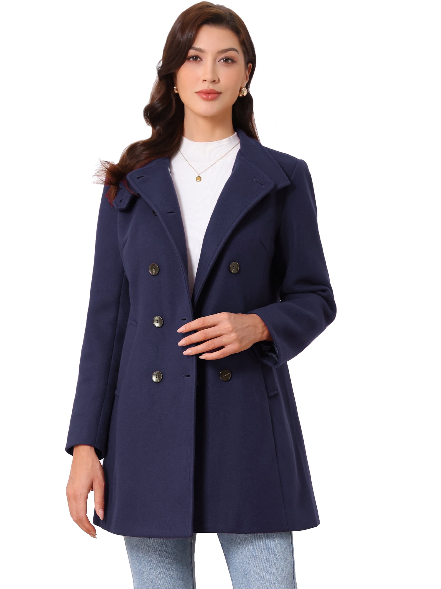 DARING DIVA Women's Winter Trench Stand Collar Pea Double Breasted Overcoat L Dark Blue