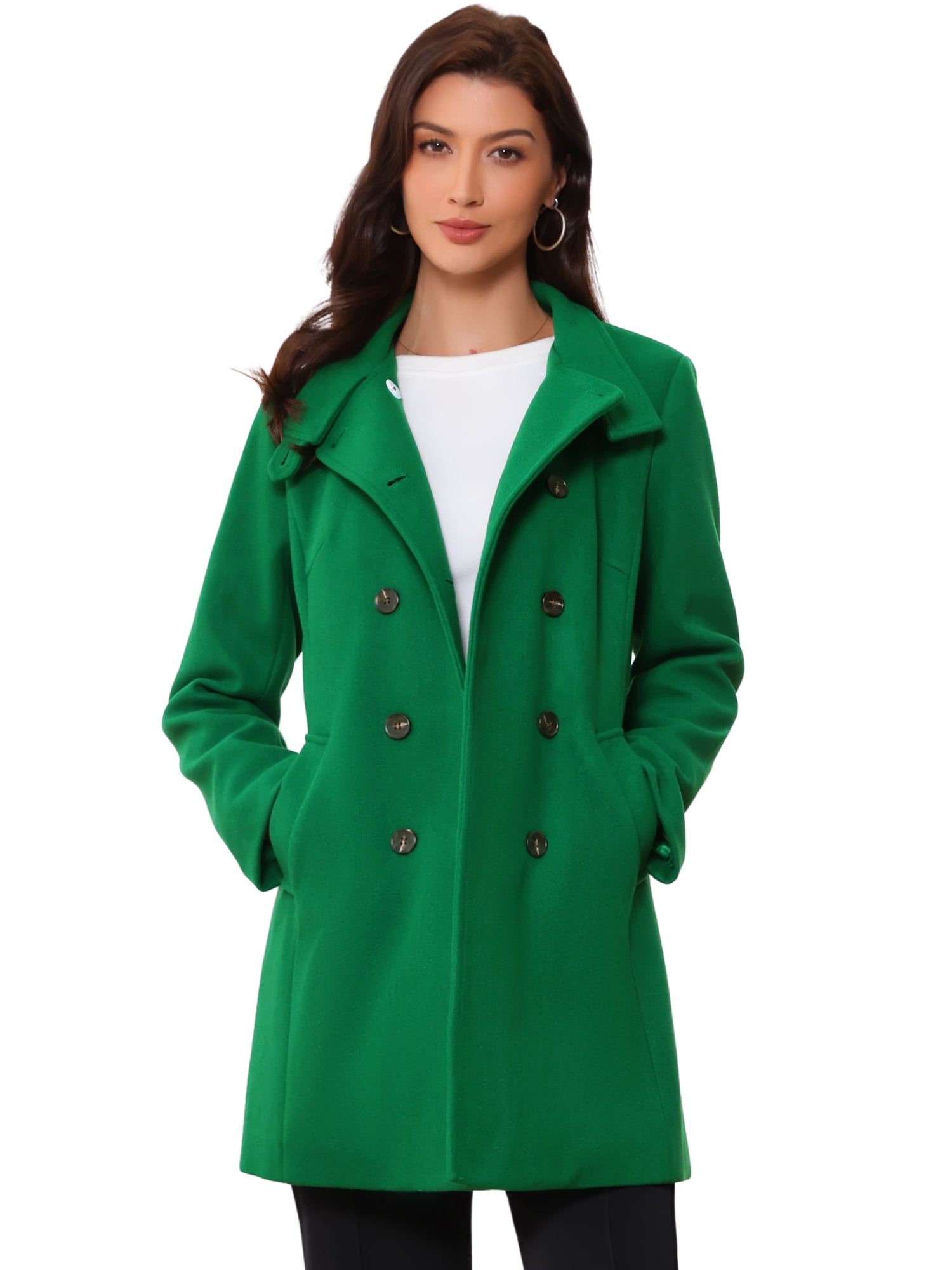 DARING DIVA Women's Winter Trench Stand Collar Pea Double Breasted Overcoat S Dark Green