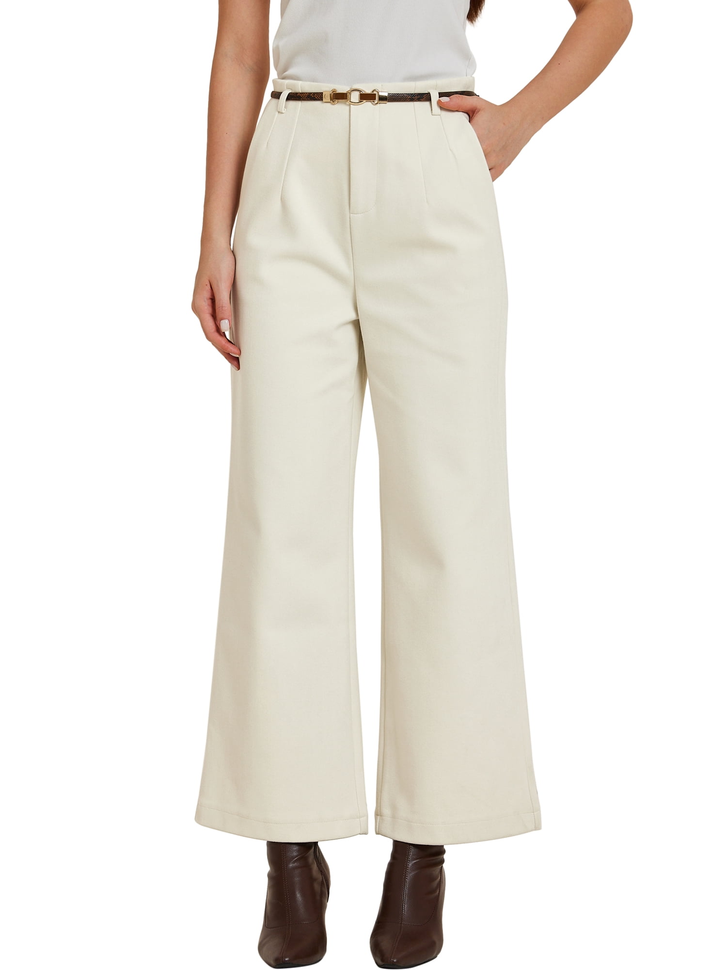 DARING DIVA Women's Wool-Blend High Waist Wide Leg Trousers with Pockets XL White