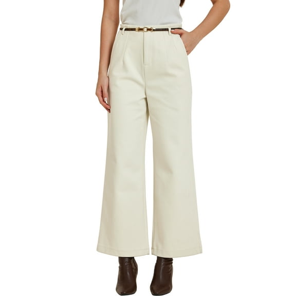 DARING DIVA Women's Wool-Blend High Waist Wide Leg Trousers with Pockets XL White