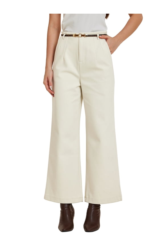 Women's Wool-Blend High Waist Wide Leg Trousers with Pockets XL White