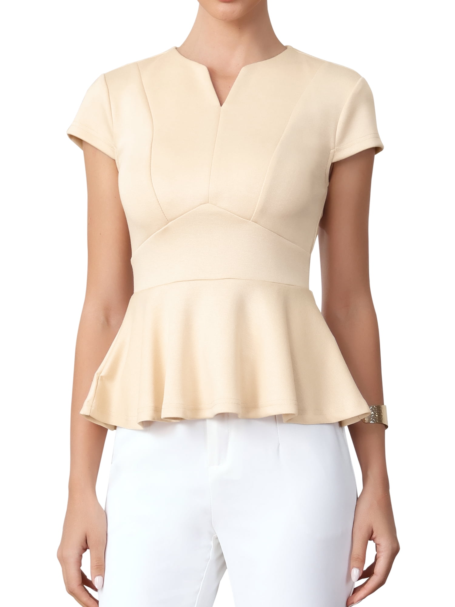 DARING DIVA Women's Work Blouse V Neck Cap Sleeve Ruffled Hem Dressy Business M Apricot