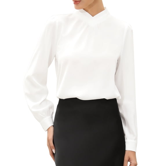DARING DIVA Women's Work Business Pleat Mock Neck Puff Long Sleeve Blouse L White