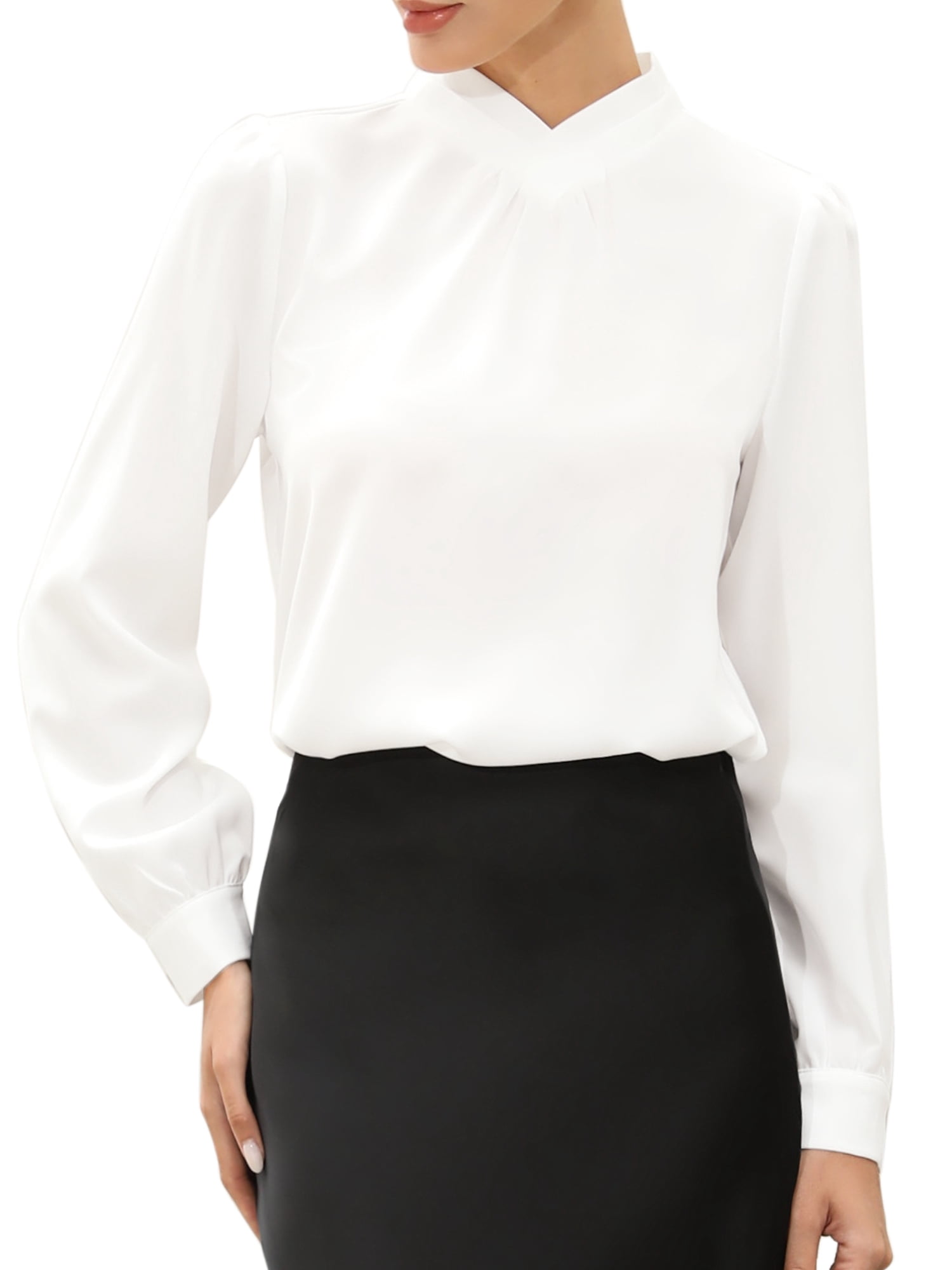 DARING DIVA Women's Work Business Pleat Mock Neck Puff Long Sleeve Blouse M White