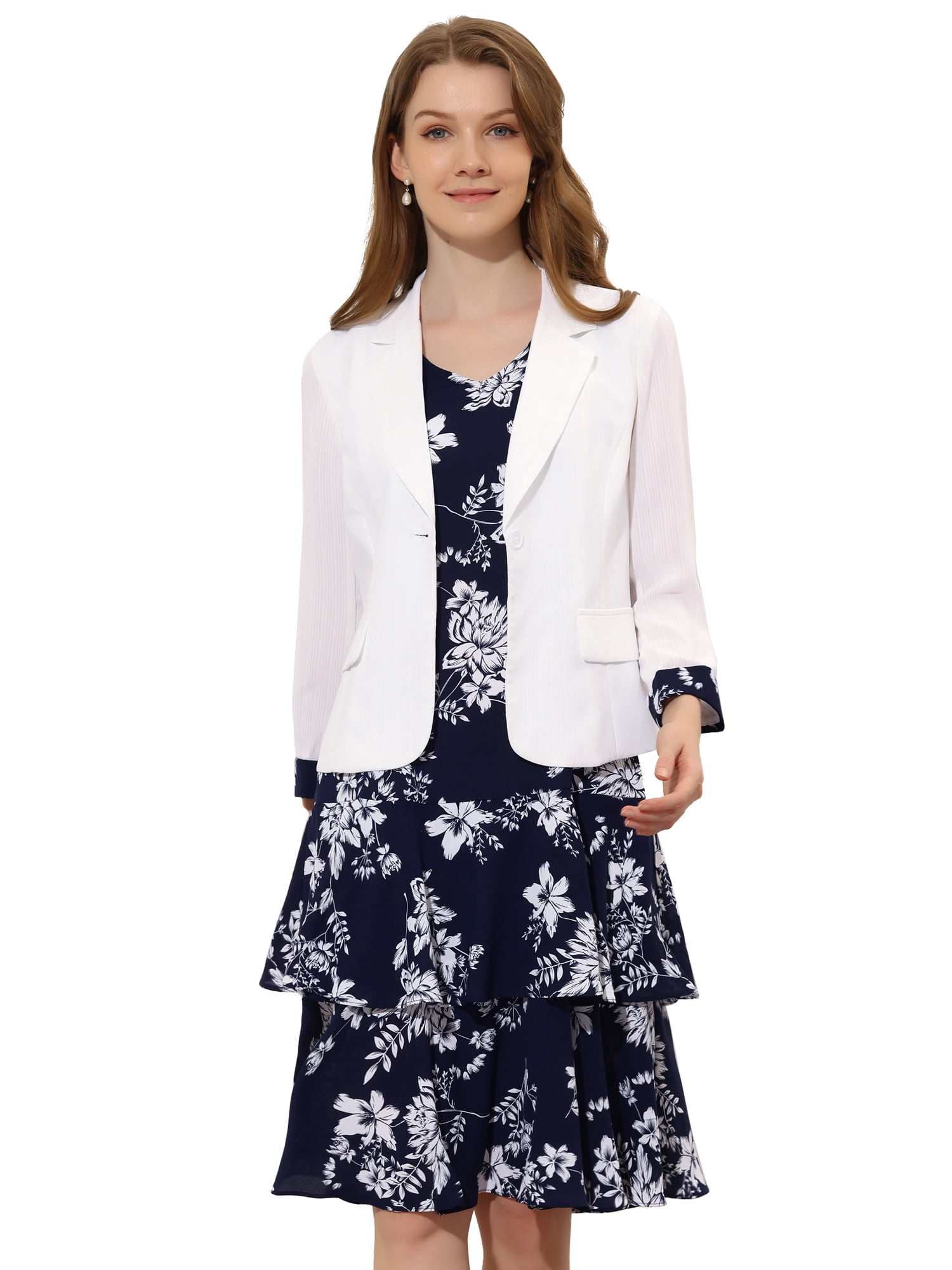 DARING DIVA Women's Work Chiffon Contrast Panel Jacket Dress Sets L Blue