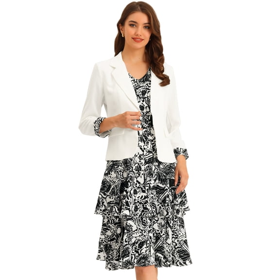 DARING DIVA Women's Work Chiffon Contrast Panel Jacket Dress Sets L White
