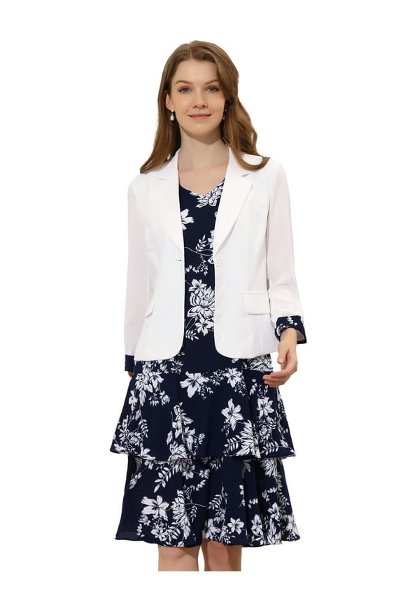 Women's Work Chiffon Contrast Panel Jacket Dress Sets XS Blue
