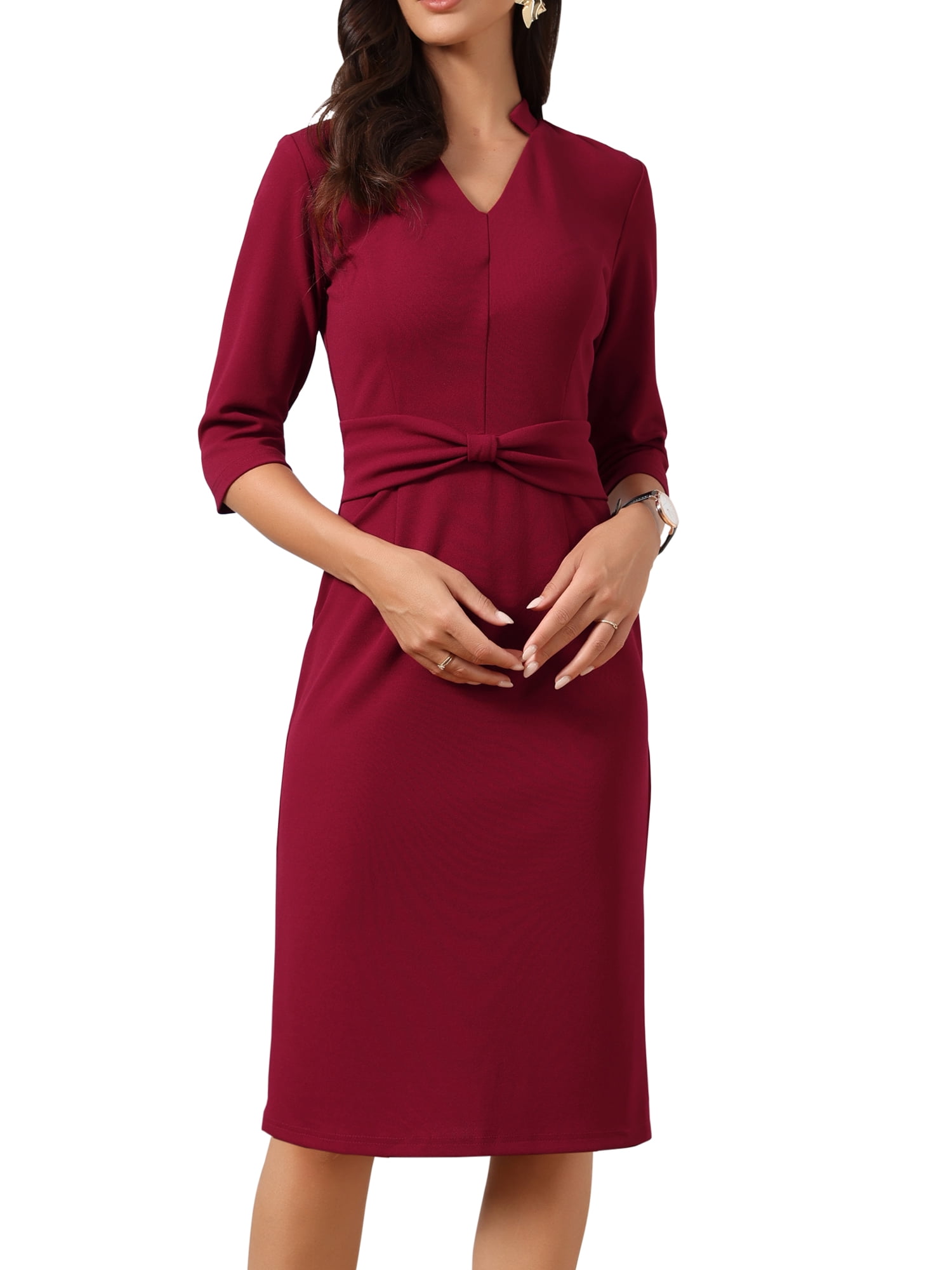 DARING DIVA Women's Work Dresses 3/4 Sleeve V Neck Bodycon Sheath Dress M Wine Red