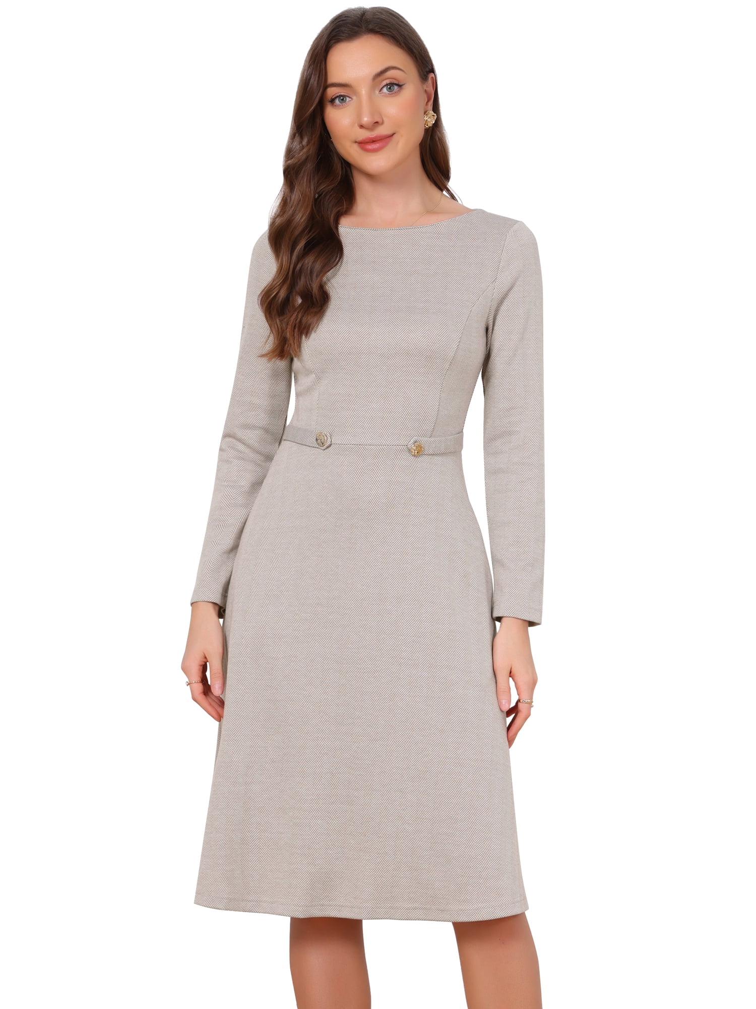 DARING DIVA Women's Work Dresses Boat Neck Long Sleeve A-Line Dress L Taupe