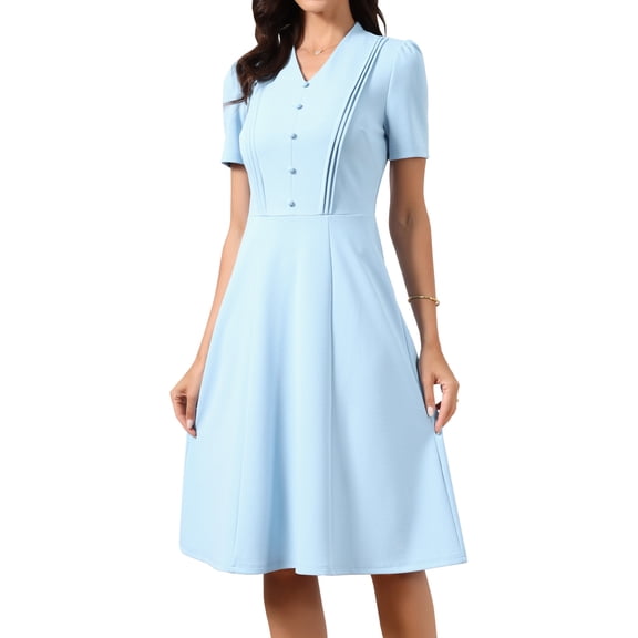 DARING DIVA Women's Work Dresses Midi Short Sleeve V Neck A-Line Dress S Sky Blue