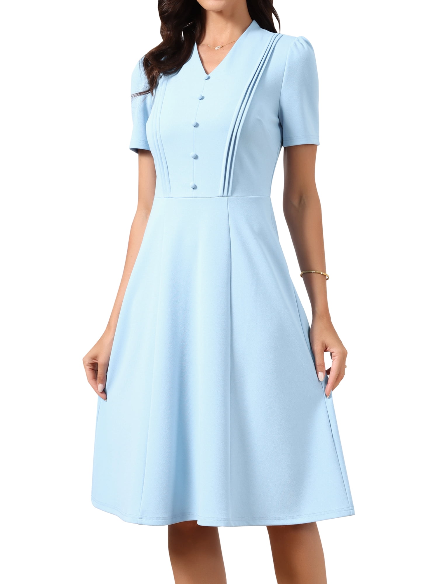 DARING DIVA Women's Work Dresses Midi Short Sleeve V Neck A-Line Dress XS Sky Blue