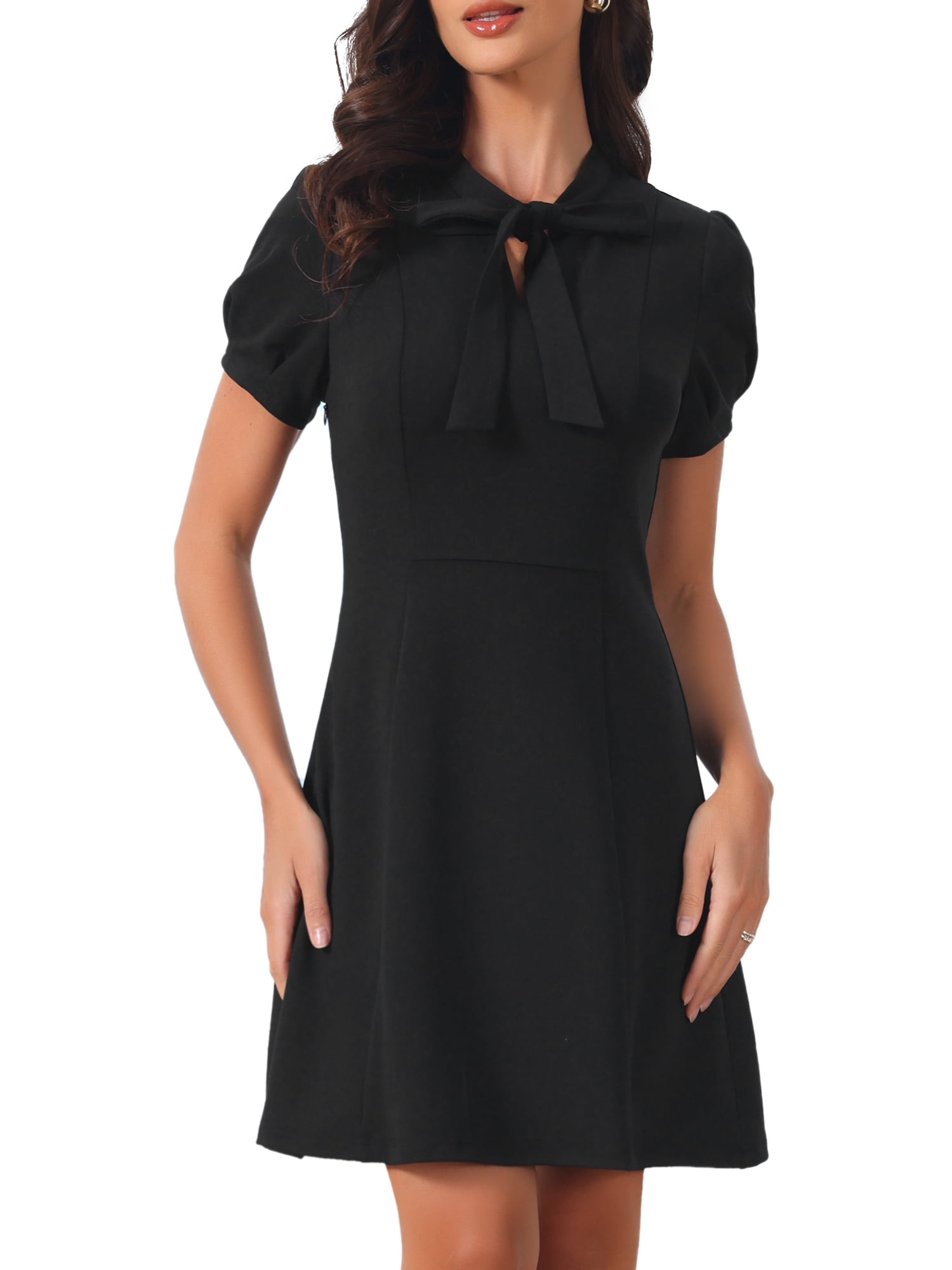 DARING DIVA Women's Work Dresses Tie Neck Puff Short Sleeve Dress XL Black