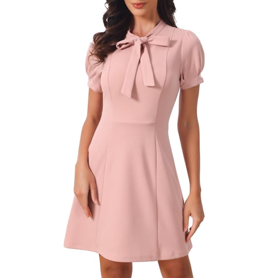DARING DIVA Women's Work Dresses Tie Neck Puff Short Sleeve Dress XL Pink