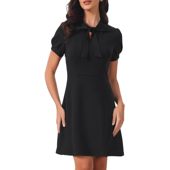 DARING DIVA Women's Work Dresses Tie Neck Puff Short Sleeve Dress XS Black