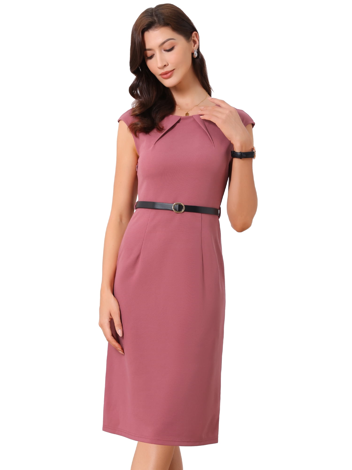 DARING DIVA Women's Work Elegant 2026 Cap Sleeve Belted Office Sheath Dress L Dark Pink