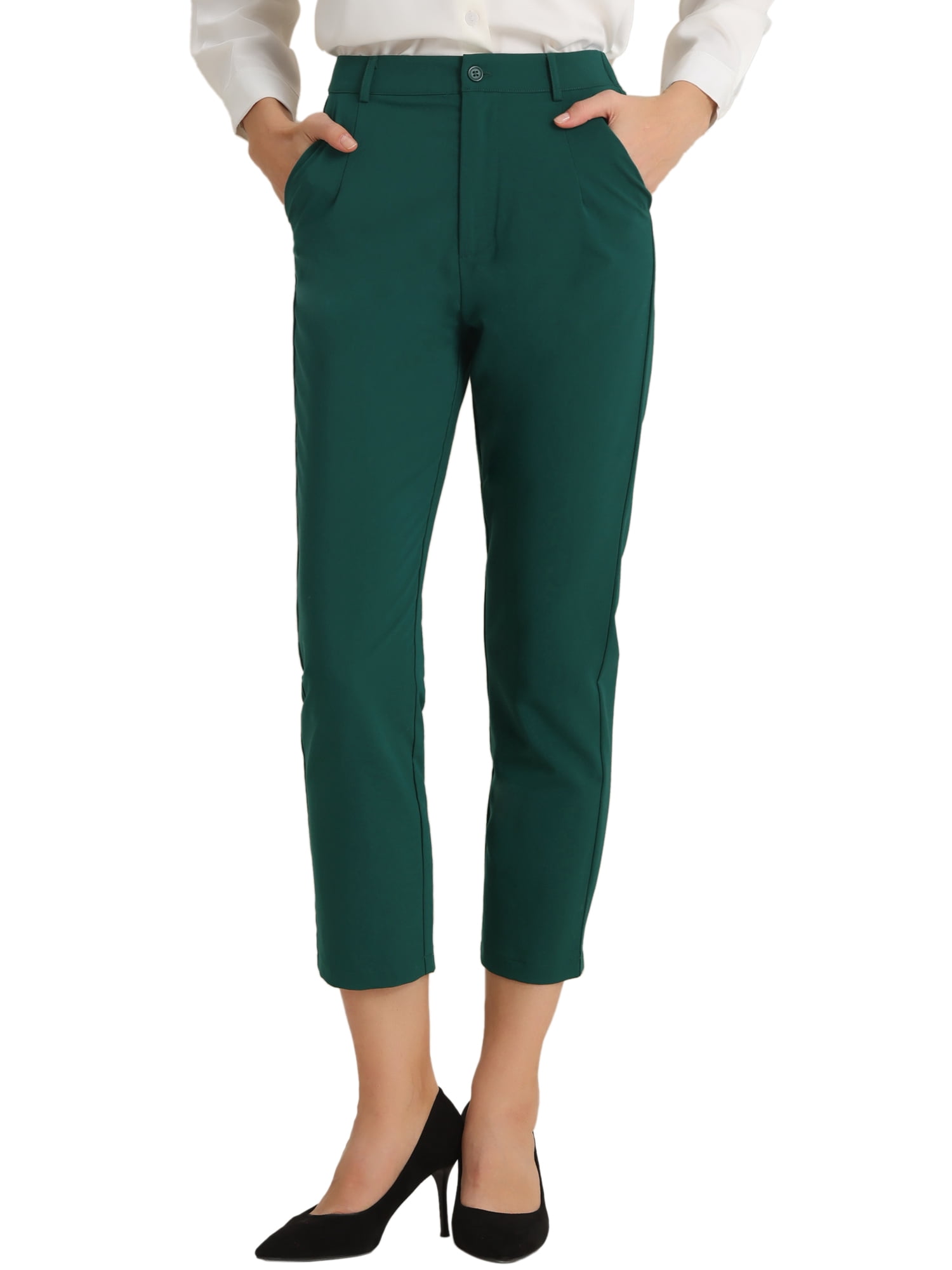 DARING DIVA Women's Work High Waisted Office Ankle Pants S Dark Green