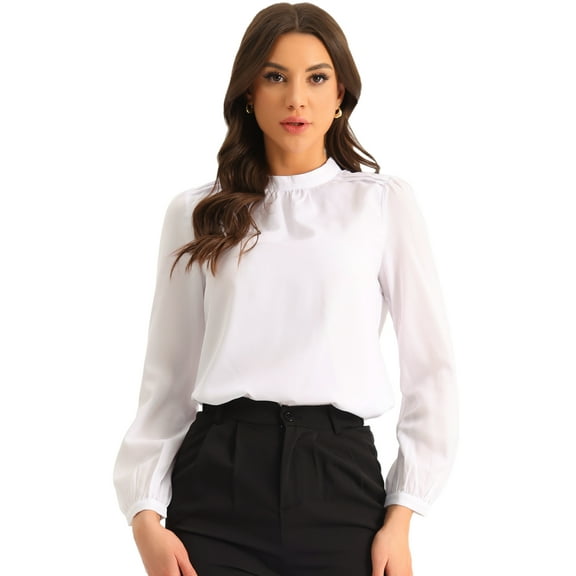 DARING DIVA Women's Work Office Mock Neck Long Sleeve Blouse S White