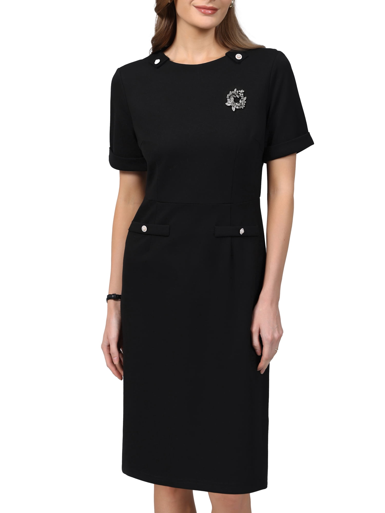 DARING DIVA Women's Work Pencil Dress Short Sheath with Brooch Pin Dresses 2XL Black