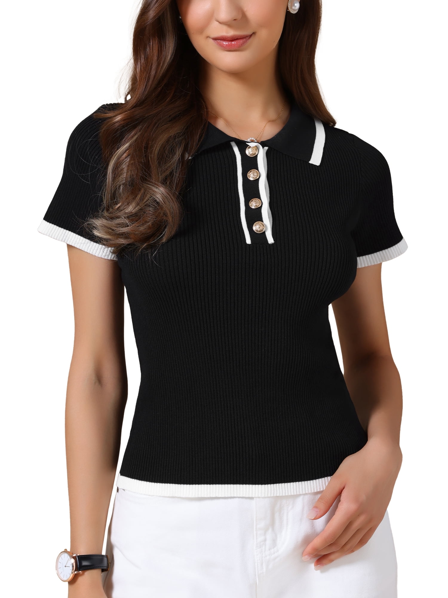 DARING DIVA Women's Work Short Sleeve Polo V Neck Ribbed Knit Pullover Tops L Black