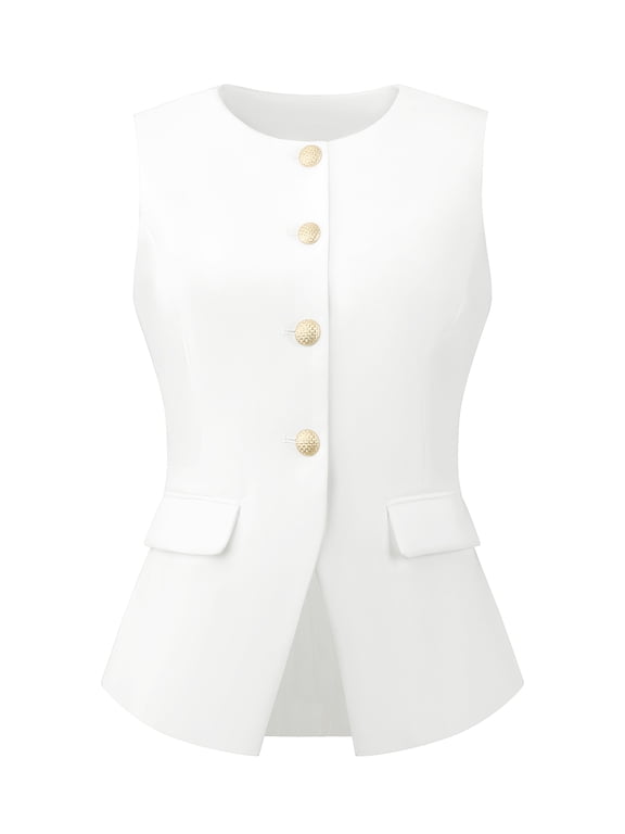 Women's Work Sleeveless Button Down Blazer Waistcoat M White