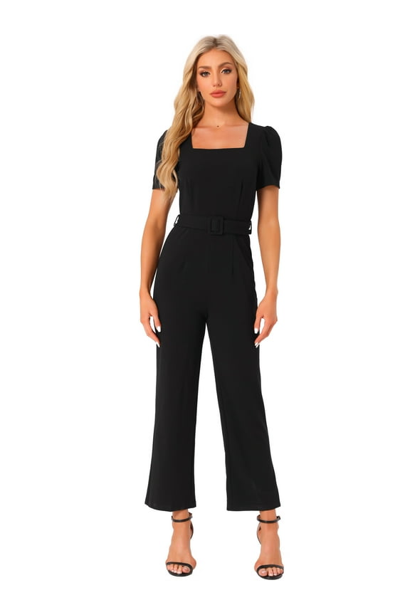 Women's Work Square Neck Loose Wide Leg Jumpsuits S Black